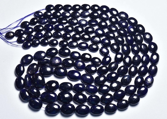 Big Dark Blue Sapphire Beads - Natural Beautiful Smooth Sapphire Oval Shape Strand - Size Is 7 -12 Mm #2079