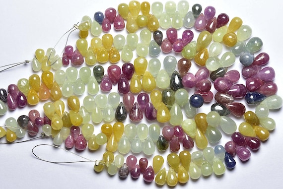 Multi Sapphire Drops Bead Strand - 7.5 Inches - Natural Beautiful Smooth Multi Umba Sapphire Teardrop Briolettes - Size Is 4x6-6x10mm #1473