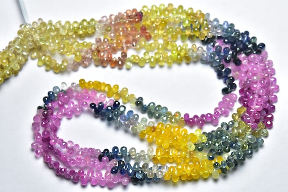 Superb Quality Multi Sapphire Tiny Teardrop Briolette - 8 Inches - Natural Faceted Sapphire Tear Drop Bead - Size Is 2.5x4 - 3x5 Mm #236 Superb Quality Multi Sapphire Tiny Teardrop Briolette - 8 Inches - Natural Faceted Sapphire Tear Drop Bead - Size Is 2.5x4 - 3x5 Mm #236