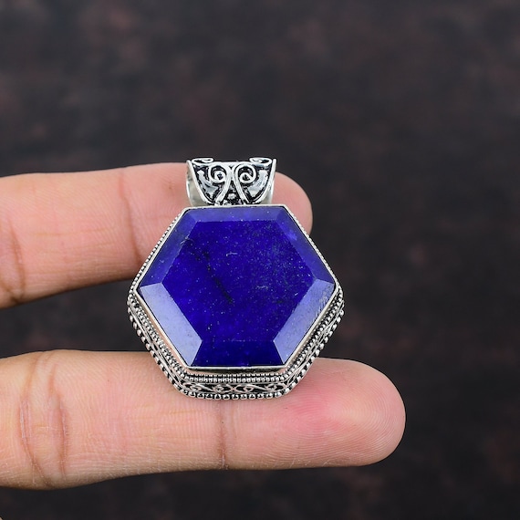 Handmade Faceted Blue Sapphire Pendant: 925 Sterling Silver Jewelry