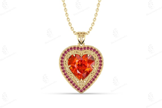 Orange Sapphire Heart Pendant Necklace Art Deco Silver Necklace For Women Filigree Style Halo Heart Pendant Antique Design Necklace For Her