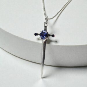 Sterling Silver Sword Pendant Necklace • Sapphire Gemstone, Gothic Jewelry