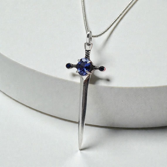 Sterling Silver Sword Pendant Necklace • Sapphire Gemstone, Gothic Jewelry