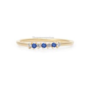 1.5mm Prong Set Alternative Diamond & Sapphire Band,Solid 14k Gold,Minimalist Stacking Ring,Dainty Engagement Ring for Her,Anniversary Gift
