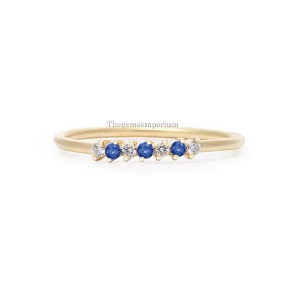 1.5mm Prong Set Alternative Diamond & Sapphire Band,solid 14k Gold,minimalist Stacking Ring,dainty Engagement Ring For Her,anniversary Gift