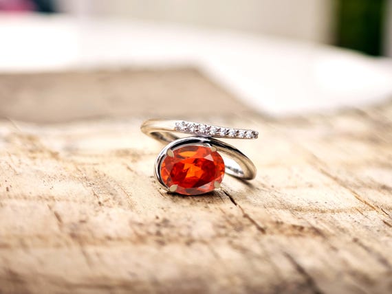 14k Gold Orange Sapphire Ring Set For Women Art Deco 2 Pcs Wedding Ring Set For Her Oval Cut Orange Sapphire Leaf Ring Set Anniversary Gift