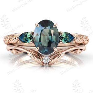 14K Gold Teal Sapphire Engagement Ring Set Oval Cut Teal Sapphire Wedding Ring Set Vintage 2 Piece Bridal Anniversary Ring Set Gift For Her