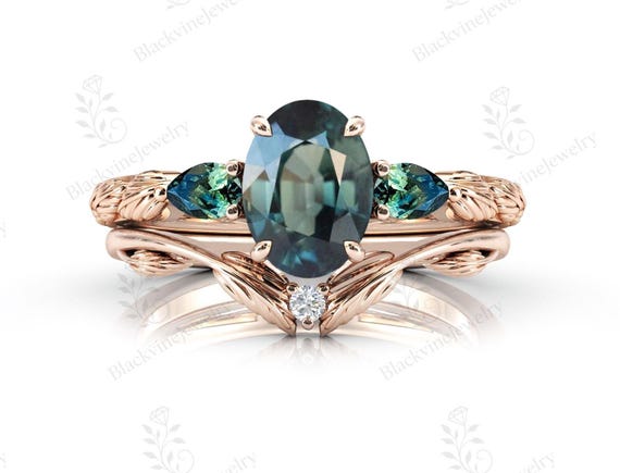 14k Gold Teal Sapphire Engagement Ring Set Oval Cut Teal Sapphire Wedding Ring Set Vintage 2 Piece Bridal Anniversary Ring Set Gift For Her 14k Gold Teal Sapphire Engagement Ring Set Oval Cut Teal Sapphire Wedding Ring Set Vintage 2 Piece Bridal Anniversary Ring Set Gift For Her