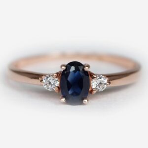 14K Rose Gold Oval Blue Sapphire Engagement Ring, Diamond September Birthstone, Bridal Jewelry