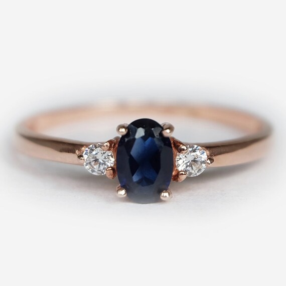 14k Rose Gold Oval Blue Sapphire Engagement Ring, Diamond September Birthstone, Bridal Jewelry