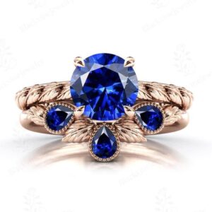 Art Deco Blue Sapphire Engagement Ring Set Vintage Vine Leaf Style Ring Set 925 Silver Sapphire Wedding Ring Set Unique 2 Piece Ring Set Art Deco Blue Sapphire Engagement Ring Set Vintage Vine Leaf Style Ring Set 925 Silver Sapphire Wedding Ring Set Unique 2 Piece Ring Set
