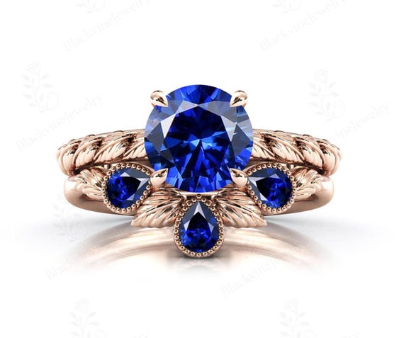 Art Deco Blue Sapphire Engagement Ring Set Vintage Vine Leaf Style Ring Set 925 Silver Sapphire Wedding Ring Set Unique 2 Piece Ring Set