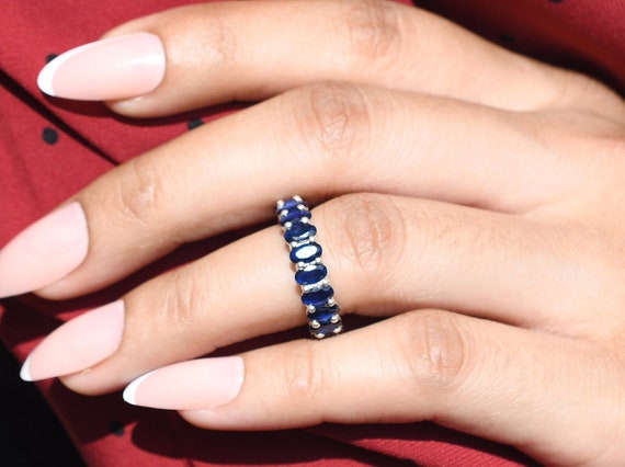 Blue Sapphire Eternity Band Ring, Sterling Silver, Bridal Wedding