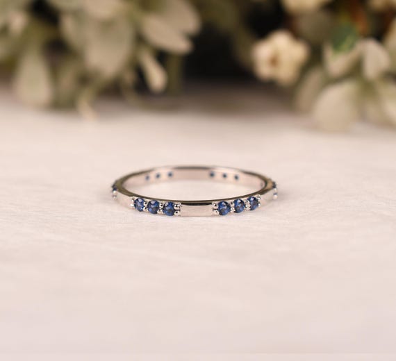 Blue Sapphire Eternity Band, Sterling Silver Or 14k White Gold Wedding Ring