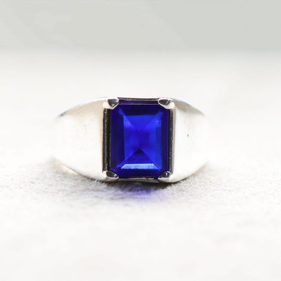 Blue Sapphire Sterling Silver Men's Signet Ring