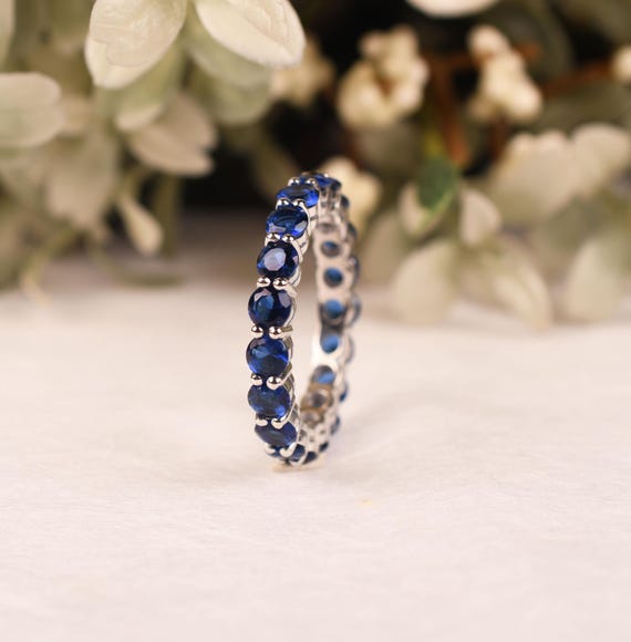Blue Sapphire Wedding Ring, Round Cut Wedding Band 925 Sterling Silver, Bridal Jewelry