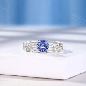 Classic 1.0 Ct Cornflower Sapphire Engagement Ring Set, Matching Diamond Wedding Band, Handmade 18K Gold Ring, Custom Gems Ring for Women