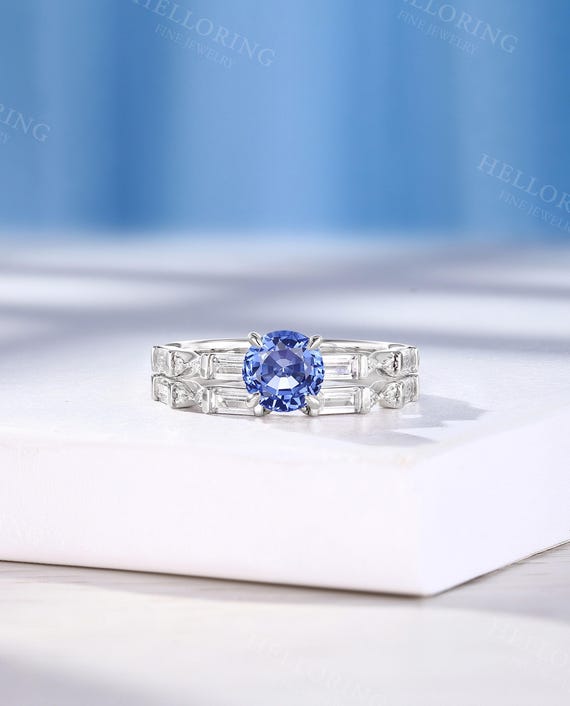 Classic 1.0 Ct Cornflower Sapphire Engagement Ring Set, Matching Diamond Wedding Band, Handmade 18k Gold Ring, Custom Gems Ring For Women