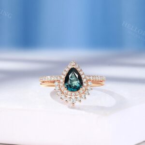 Classic Teal Sapphire Engagement Ring Set with Half Eternity Diamond | Blue Green Sapphire Wedding Ring | Rose Gold Stackable Matching band Classic Teal Sapphire Engagement Ring Set with Half Eternity Diamond | Blue Green Sapphire Wedding Ring | Rose Gold Stackable Matching band
