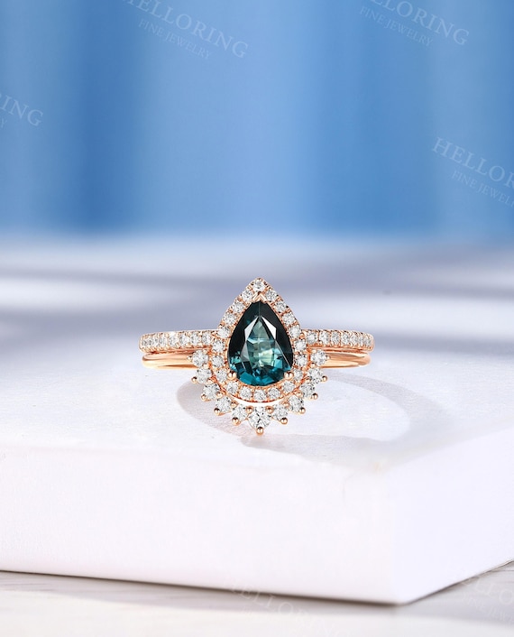 Classic Teal Sapphire Engagement Ring Set With Half Eternity Diamond | Blue Green Sapphire Wedding Ring | Rose Gold Stackable Matching Band