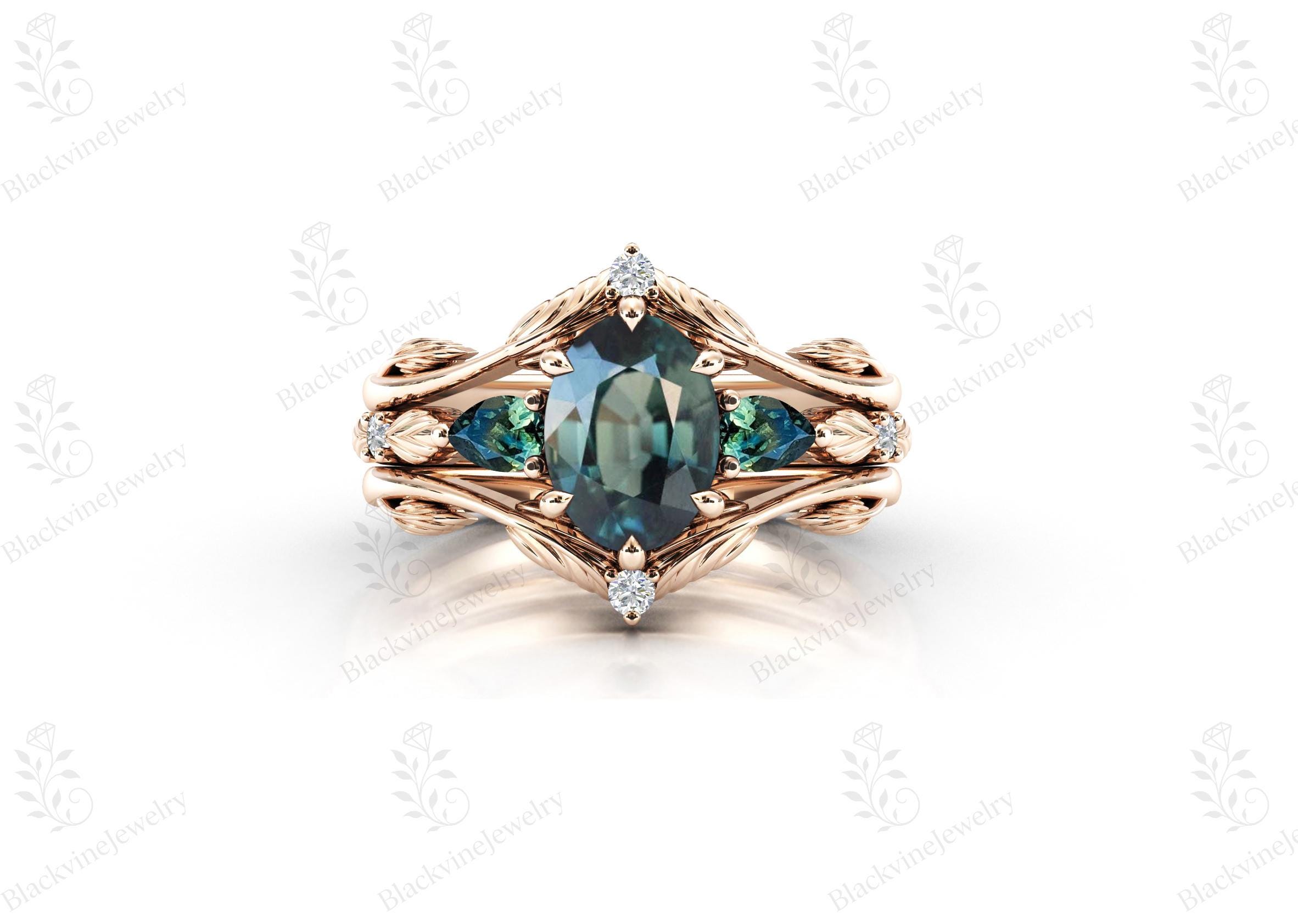 Color Changing Teal Sapphire Ring Set For Women 14k Gold Sapphire Gemstone Ring Set Unique Leaf Design Ring Art Deco Style 3 Piece Ring Set
