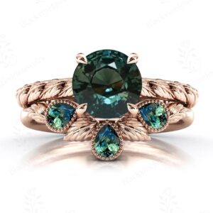 Color Changing Teal Sapphire Wedding Ring Set Vintage Leaf Style Bridal Ring Set 14k Gold Teal Sapphire 2 Piece Engagement Ring Set For Her Color Changing Teal Sapphire Wedding Ring Set Vintage Leaf Style Bridal Ring Set 14k Gold Teal Sapphire 2 Piece Engagement Ring Set For Her
