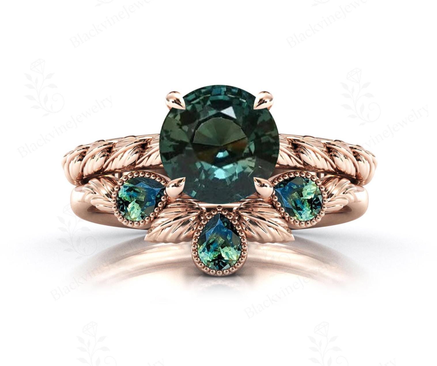 Color Changing Teal Sapphire Wedding Ring Set Vintage Leaf Style Bridal Ring Set 14k Gold Teal Sapphire 2 Piece Engagement Ring Set For Her