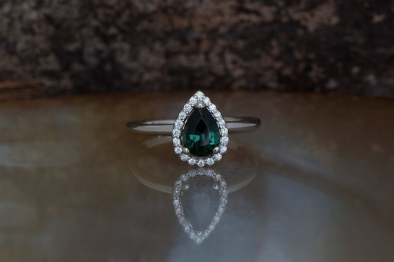 Green Sapphire Ring-0.60 Ct Blue Sapphire Engagement Ring-vintage Ring-blue Green Sapphire Ring-sapphire Halo Engagement Ring-promise Ring