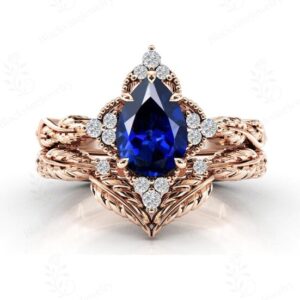 Leaf Design Blue Sapphire Engagement Ring Set Pear Cut Sapphire Wedding Ring Set 14K Gold Sapphire Art Deco 2 Piece Ring Set Gift For Women Leaf Design Blue Sapphire Engagement Ring Set Pear Cut Sapphire Wedding Ring Set 14K Gold Sapphire Art Deco 2 Piece Ring Set Gift For Women
