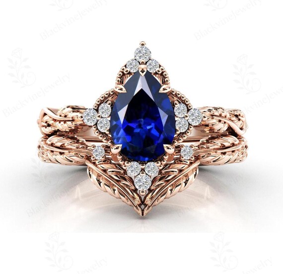 Leaf Design Blue Sapphire Engagement Ring Set Pear Cut Sapphire Wedding Ring Set 14k Gold Sapphire Art Deco 2 Piece Ring Set Gift For Women