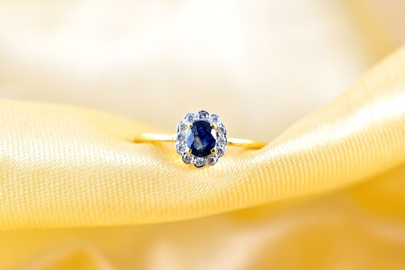 Natural Blue Sapphire Ring With Diamonds, 14k Yellow Gold Engagement Ring