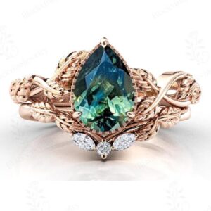 Nature Inspired Teal Sapphire Engagement Ring Set 14k Gold Teal Sapphire Wedding Ring Set Unique Leaf Design Bridal Ring Set Gift For Women Nature Inspired Teal Sapphire Engagement Ring Set 14k Gold Teal Sapphire Wedding Ring Set Unique Leaf Design Bridal Ring Set Gift For Women