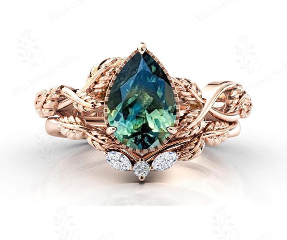 Nature Inspired Teal Sapphire Engagement Ring Set 14k Gold Teal Sapphire Wedding Ring Set Unique Leaf Design Bridal Ring Set Gift For Women