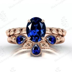 Oval Cut Blue Sapphire Engagement Ring Set Art Deco Nature Inspired Ring Set 925 Silver Sapphire Wedding Ring Set Unique Leaf Style Ring Set Oval Cut Blue Sapphire Engagement Ring Set Art Deco Nature Inspired Ring Set 925 Silver Sapphire Wedding Ring Set Unique Leaf Style Ring Set