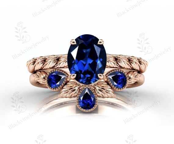 Oval Cut Blue Sapphire Engagement Ring Set Art Deco Nature Inspired Ring Set 925 Silver Sapphire Wedding Ring Set Unique Leaf Style Ring Set