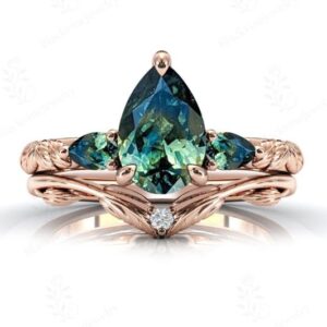 Pear Cut Teal Sapphire Engagement Ring Set For Women 14k Gold Teal Sapphire Wedding Ring Set Antique Leaf Style 2 Piece Bridal Ring Set Pear Cut Teal Sapphire Engagement Ring Set For Women 14k Gold Teal Sapphire Wedding Ring Set Antique Leaf Style 2 Piece Bridal Ring Set