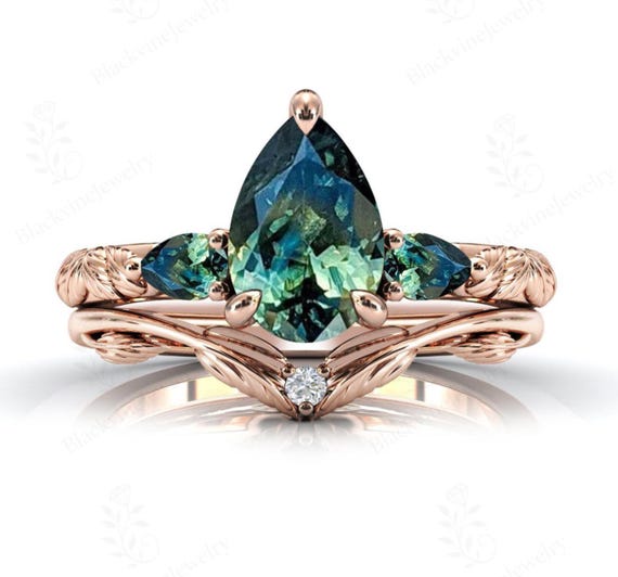 Pear Cut Teal Sapphire Engagement Ring Set For Women 14k Gold Teal Sapphire Wedding Ring Set Antique Leaf Style 2 Piece Bridal Ring Set Pear Cut Teal Sapphire Engagement Ring Set For Women 14k Gold Teal Sapphire Wedding Ring Set Antique Leaf Style 2 Piece Bridal Ring Set
