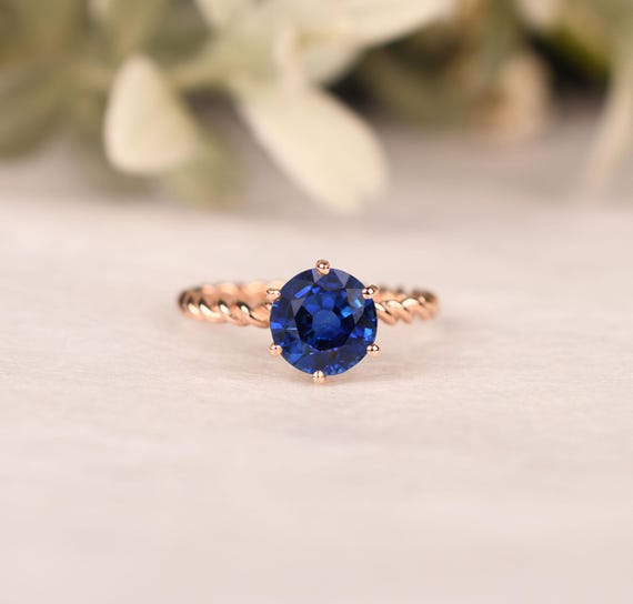 Round Blue Sapphire Engagement Ring, Twisted Band, Bridal Jewelry