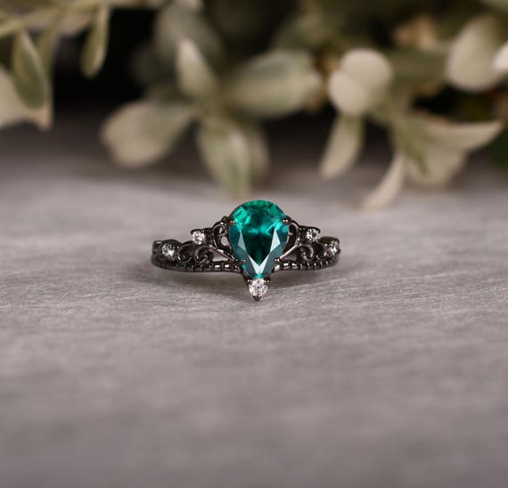 Teal Sapphire Engagement Ring: Black Rhodium Ring Sterling Silver, Pear Cut