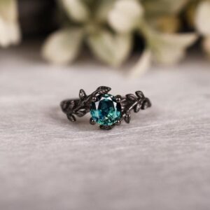 Teal Sapphire Leaf Ring, Black Rhodium Sterling Silver Teal Sapphire Leaf Ring, Black Rhodium Sterling Silver