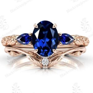 Unique Blue Sapphire Engagement Ring Set For Women Art Deco Sapphire Bridal Ring Set Vintage Leaf Style 2 Piece Wedding Ring Gift For Women Unique Blue Sapphire Engagement Ring Set For Women Art Deco Sapphire Bridal Ring Set Vintage Leaf Style 2 Piece Wedding Ring Gift For Women