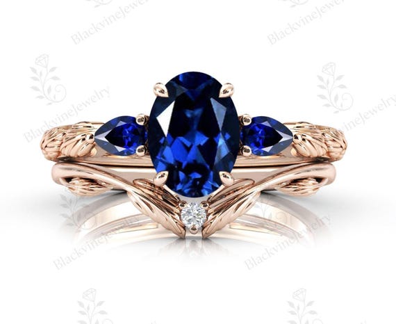 Unique Blue Sapphire Engagement Ring Set For Women Art Deco Sapphire Bridal Ring Set Vintage Leaf Style 2 Piece Wedding Ring Gift For Women