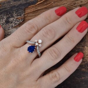 Unique Pear Cut Sapphire Engagement Rings, Stunning 1 Carat Blue Sapphire Engagement Ring, Sapphire & Diamonds Promise Ring, Anniversary Unique Pear Cut Sapphire Engagement Rings, Stunning 1 Carat Blue Sapphire Engagement Ring, Sapphire & Diamonds Promise Ring, Anniversary