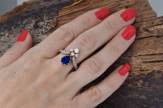 Unique Pear Cut Sapphire Engagement Rings, Stunning 1 Carat Blue Sapphire Engagement Ring, Sapphire & Diamonds Promise Ring, Anniversary Unique Pear Cut Sapphire Engagement Rings, Stunning 1 Carat Blue Sapphire Engagement Ring, Sapphire & Diamonds Promise Ring, Anniversary