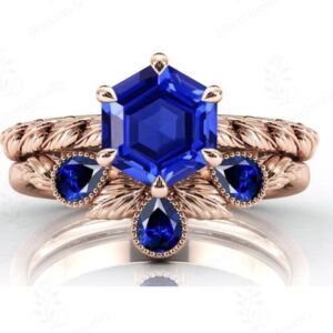Vine Leaf Style Blue Sapphire Engagement Ring Set Hexagon Shaped Sapphire Wedding Ring Set Art Deco 2 Piece Bridal Anniversary Ring Set Vine Leaf Style Blue Sapphire Engagement Ring Set Hexagon Shaped Sapphire Wedding Ring Set Art Deco 2 Piece Bridal Anniversary Ring Set