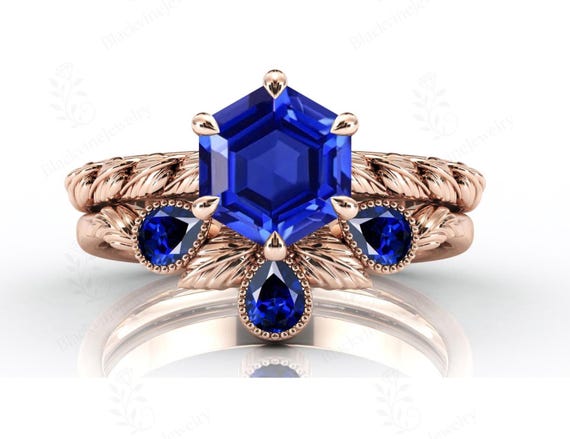 Vine Leaf Style Blue Sapphire Engagement Ring Set Hexagon Shaped Sapphire Wedding Ring Set Art Deco 2 Piece Bridal Anniversary Ring Set