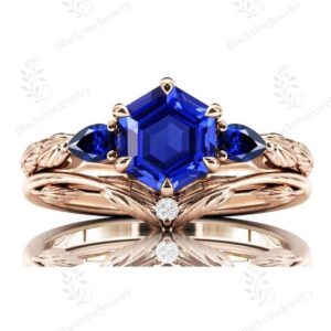 Vintage Blue Sapphire Engagement Ring Set Art Deco Hexagon Cut Sapphire Wedding Ring Set 14K Gold Sapphire 2 Piece Bridal Promise Ring Set Vintage Blue Sapphire Engagement Ring Set Art Deco Hexagon Cut Sapphire Wedding Ring Set 14K Gold Sapphire 2 Piece Bridal Promise Ring Set
