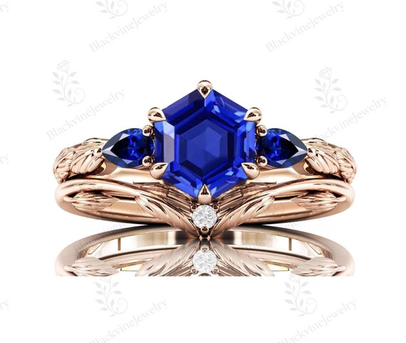 Vintage Blue Sapphire Engagement Ring Set Art Deco Hexagon Cut Sapphire Wedding Ring Set 14k Gold Sapphire 2 Piece Bridal Promise Ring Set
