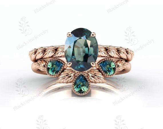 Vintage Teal Sapphire Engagement Ring Set, Half Eternity Wedding Band, Custom By Helloring