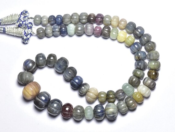 395 Cts Big Unique Dusty Sapphire Melon Beads - 16 Inches - Natural Multi Sapphire Carved Rondelle Beads Strand - Size Is 8 - 13 Mm #947